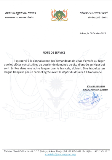 NOTE DE SERVİCE – Relative à la traduction en français des pièces requises pour la demande de visa